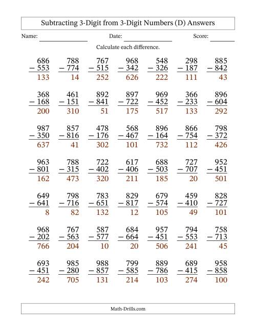 The Subtracting 3-Digit from 3-Digit Numbers With No Regrouping (49 Questions) (D) Math Worksheet Page 2