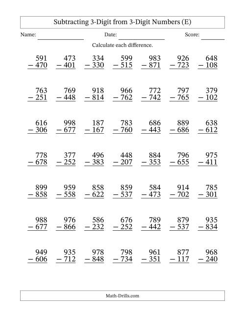 The Subtracting 3-Digit from 3-Digit Numbers With No Regrouping (49 Questions) (E) Math Worksheet