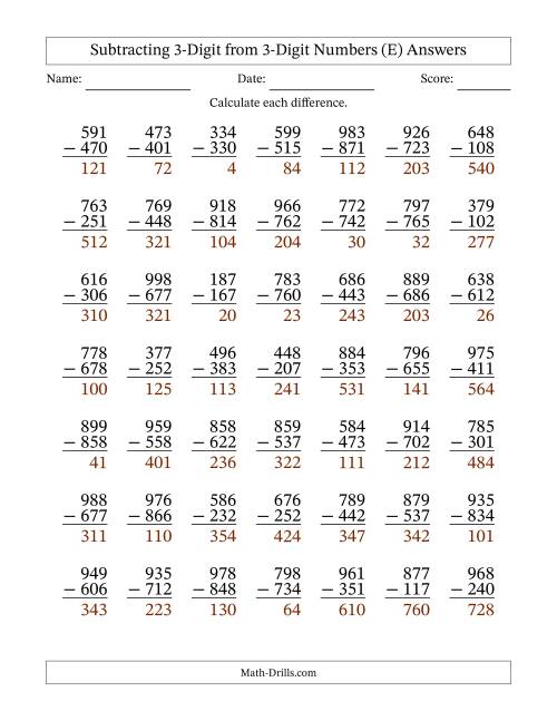 The Subtracting 3-Digit from 3-Digit Numbers With No Regrouping (49 Questions) (E) Math Worksheet Page 2