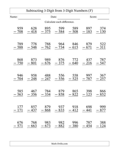 The Subtracting 3-Digit from 3-Digit Numbers With No Regrouping (49 Questions) (F) Math Worksheet