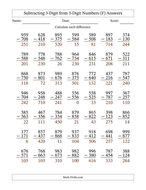 The Subtracting 3-Digit from 3-Digit Numbers With No Regrouping (49 Questions) (F) Math Worksheet Page 2
