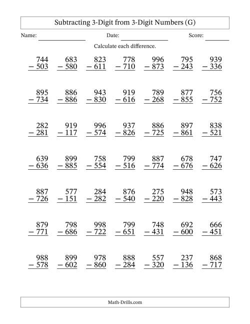 The Subtracting 3-Digit from 3-Digit Numbers With No Regrouping (49 Questions) (G) Math Worksheet