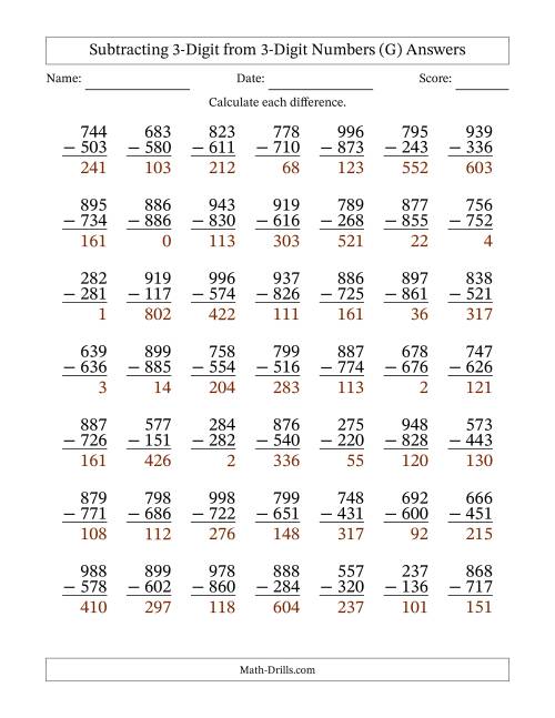 The Subtracting 3-Digit from 3-Digit Numbers With No Regrouping (49 Questions) (G) Math Worksheet Page 2
