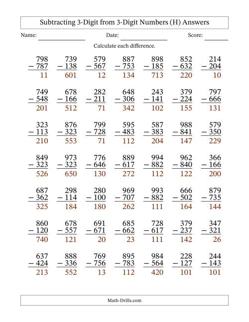 The Subtracting 3-Digit from 3-Digit Numbers With No Regrouping (49 Questions) (H) Math Worksheet Page 2