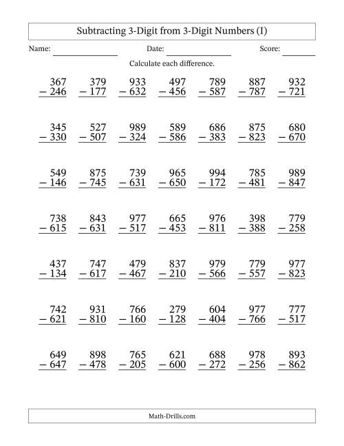 The Subtracting 3-Digit from 3-Digit Numbers With No Regrouping (49 Questions) (I) Math Worksheet