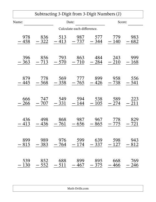 The Subtracting 3-Digit from 3-Digit Numbers With No Regrouping (49 Questions) (J) Math Worksheet
