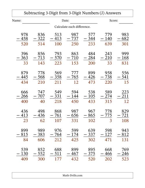 The Subtracting 3-Digit from 3-Digit Numbers With No Regrouping (49 Questions) (J) Math Worksheet Page 2
