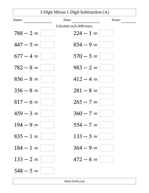 The Horizontally Arranged Three-Digit Minus One-Digit Subtraction(25 Questions; Large Print) (A) Math Worksheet