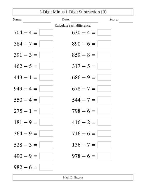 The Horizontally Arranged Three-Digit Minus One-Digit Subtraction(25 Questions; Large Print) (B) Math Worksheet