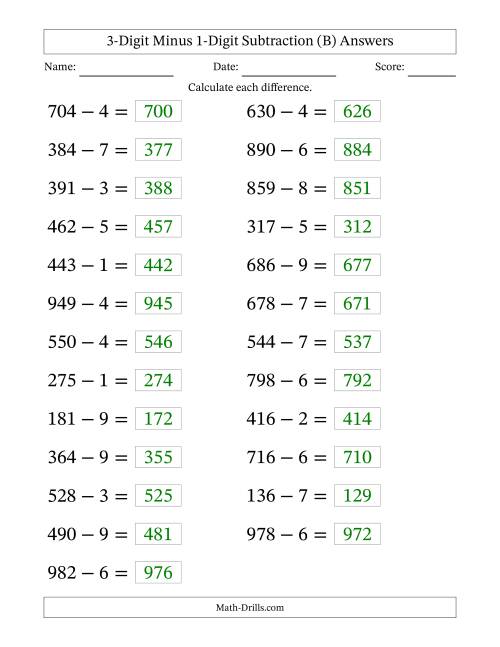 The Horizontally Arranged Three-Digit Minus One-Digit Subtraction(25 Questions; Large Print) (B) Math Worksheet Page 2