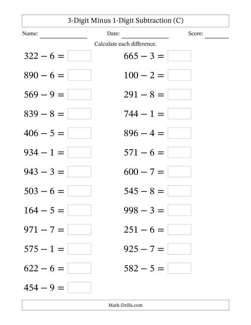 The Horizontally Arranged Three-Digit Minus One-Digit Subtraction(25 Questions; Large Print) (C) Math Worksheet