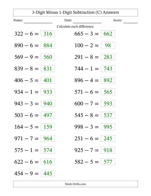 The Horizontally Arranged Three-Digit Minus One-Digit Subtraction(25 Questions; Large Print) (C) Math Worksheet Page 2