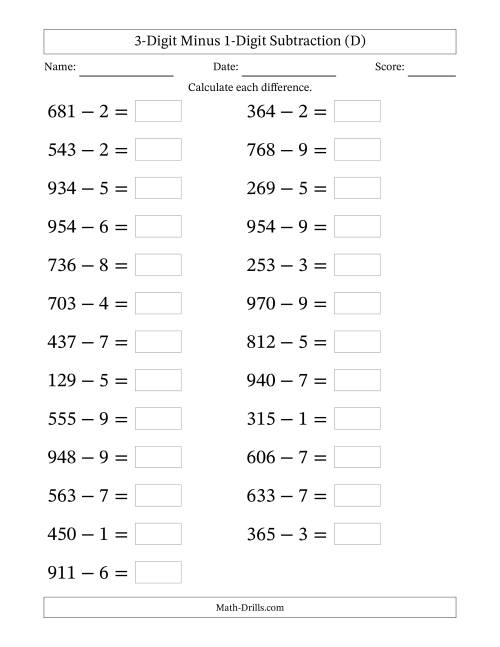 The Horizontally Arranged Three-Digit Minus One-Digit Subtraction(25 Questions; Large Print) (D) Math Worksheet