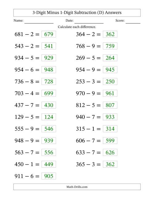 The Horizontally Arranged Three-Digit Minus One-Digit Subtraction(25 Questions; Large Print) (D) Math Worksheet Page 2