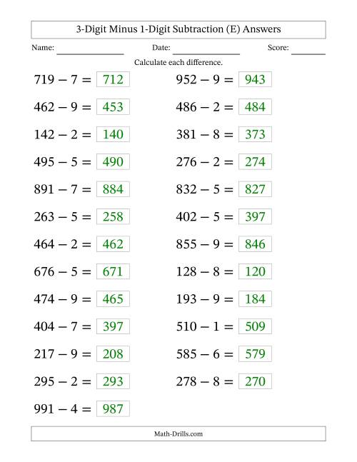 The Horizontally Arranged Three-Digit Minus One-Digit Subtraction(25 Questions; Large Print) (E) Math Worksheet Page 2