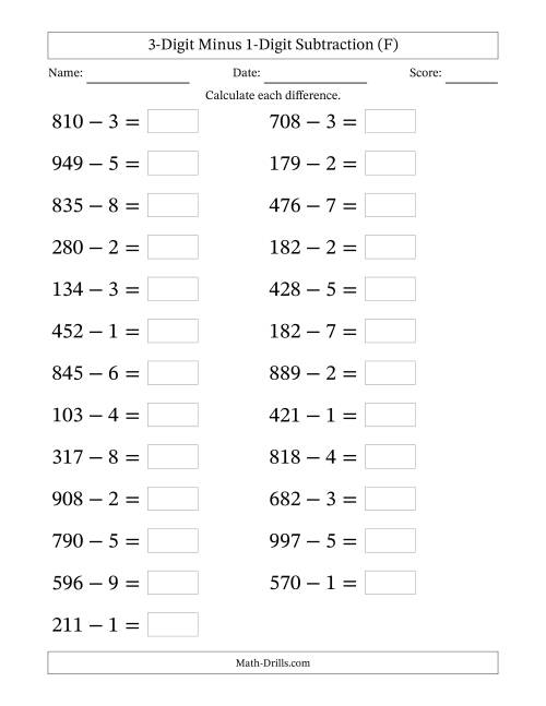 The Horizontally Arranged Three-Digit Minus One-Digit Subtraction(25 Questions; Large Print) (F) Math Worksheet