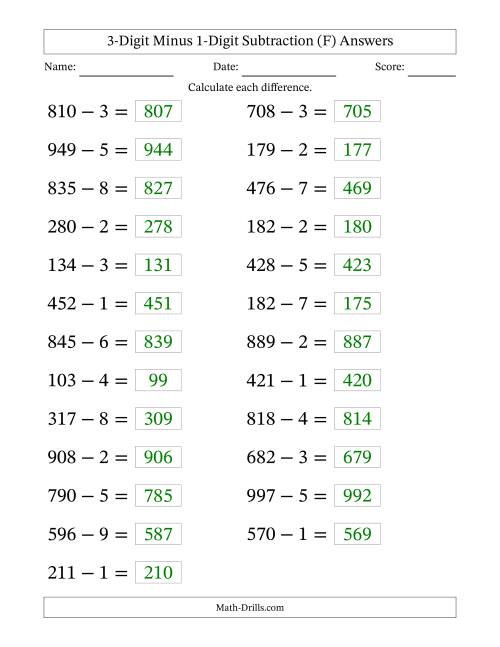 The Horizontally Arranged Three-Digit Minus One-Digit Subtraction(25 Questions; Large Print) (F) Math Worksheet Page 2