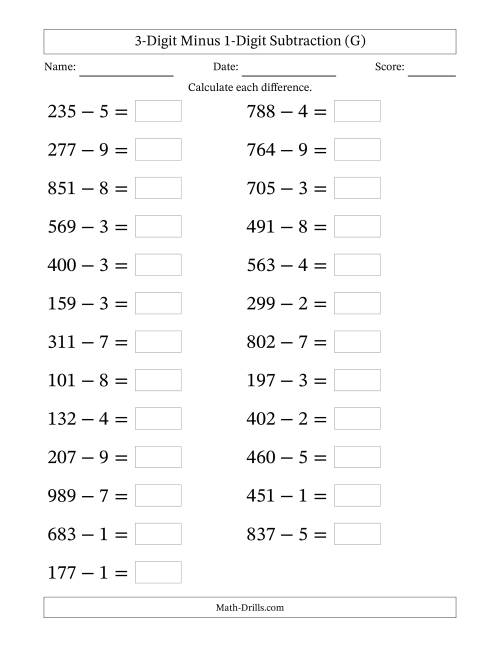 The Horizontally Arranged Three-Digit Minus One-Digit Subtraction(25 Questions; Large Print) (G) Math Worksheet