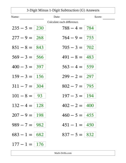 The Horizontally Arranged Three-Digit Minus One-Digit Subtraction(25 Questions; Large Print) (G) Math Worksheet Page 2