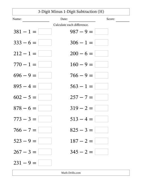 The Horizontally Arranged Three-Digit Minus One-Digit Subtraction(25 Questions; Large Print) (H) Math Worksheet