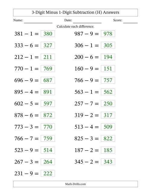 The Horizontally Arranged Three-Digit Minus One-Digit Subtraction(25 Questions; Large Print) (H) Math Worksheet Page 2