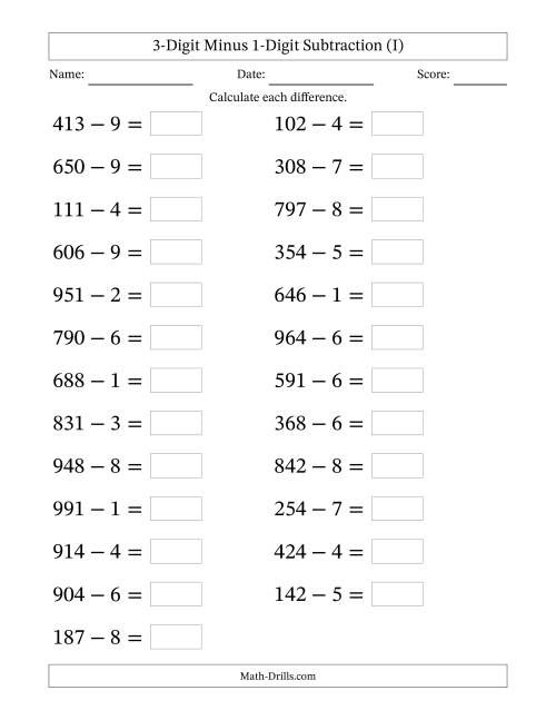 The Horizontally Arranged Three-Digit Minus One-Digit Subtraction(25 Questions; Large Print) (I) Math Worksheet