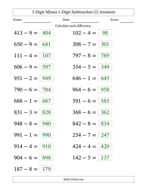 The Horizontally Arranged Three-Digit Minus One-Digit Subtraction(25 Questions; Large Print) (I) Math Worksheet Page 2