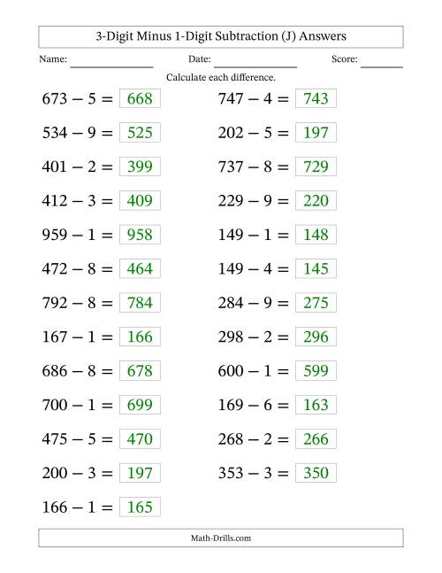 The Horizontally Arranged Three-Digit Minus One-Digit Subtraction(25 Questions; Large Print) (J) Math Worksheet Page 2