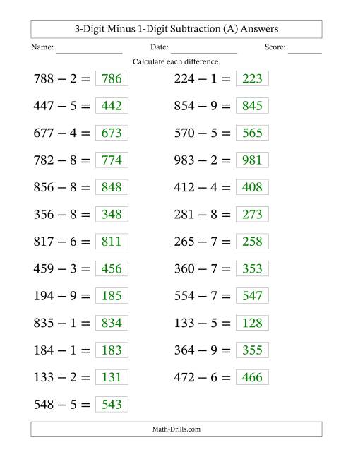 The Horizontally Arranged Three-Digit Minus One-Digit Subtraction(25 Questions; Large Print) (All) Math Worksheet Page 2