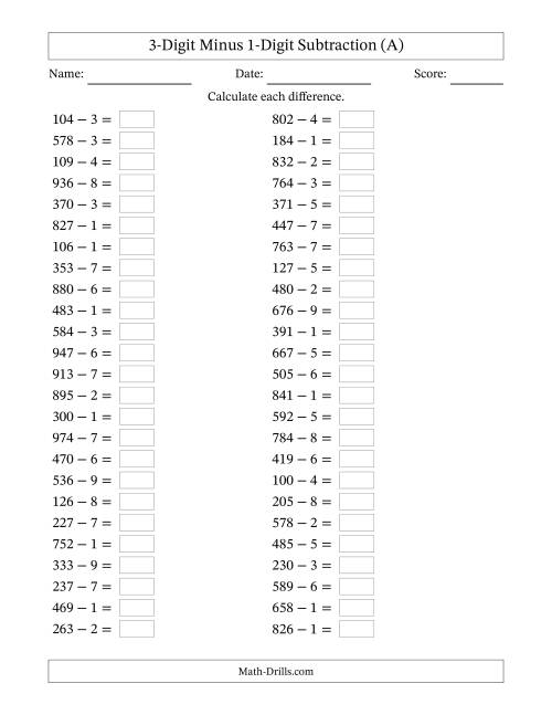 The Horizontally Arranged Three-Digit Minus One-Digit Subtraction(50 Questions) (A) Math Worksheet