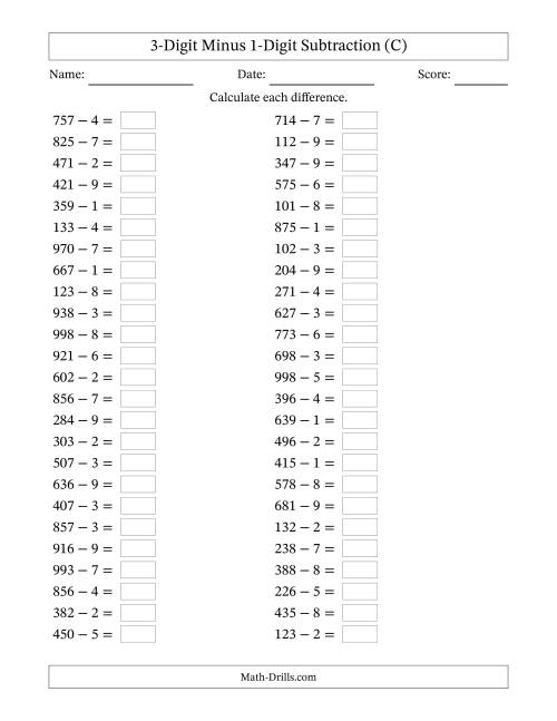 The Horizontally Arranged Three-Digit Minus One-Digit Subtraction(50 Questions) (C) Math Worksheet