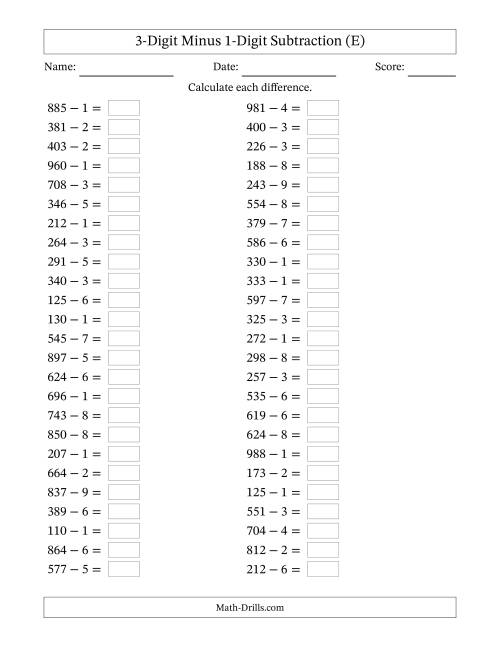 The Horizontally Arranged Three-Digit Minus One-Digit Subtraction(50 Questions) (E) Math Worksheet