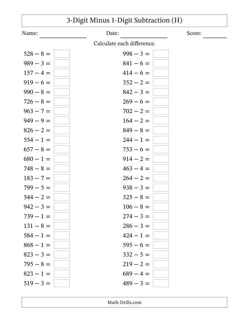The Horizontally Arranged Three-Digit Minus One-Digit Subtraction(50 Questions) (H) Math Worksheet