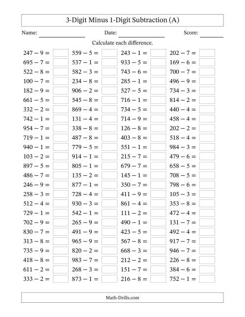 The Three-Digit Minus One-Digit Horizontal Subtraction (100 Questions) (A) Math Worksheet