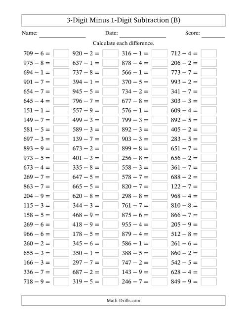 The Horizontally Arranged Three-Digit Minus One-Digit Subtraction(100 Questions) (B) Math Worksheet