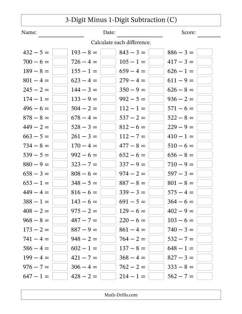 The Horizontally Arranged Three-Digit Minus One-Digit Subtraction(100 Questions) (C) Math Worksheet