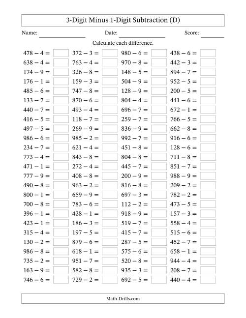 The Horizontally Arranged Three-Digit Minus One-Digit Subtraction(100 Questions) (D) Math Worksheet