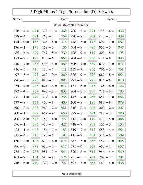 The Horizontally Arranged Three-Digit Minus One-Digit Subtraction(100 Questions) (D) Math Worksheet Page 2