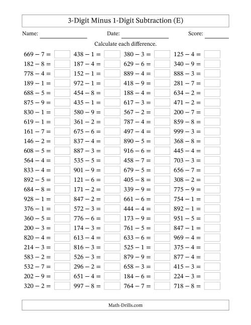 The Horizontally Arranged Three-Digit Minus One-Digit Subtraction(100 Questions) (E) Math Worksheet