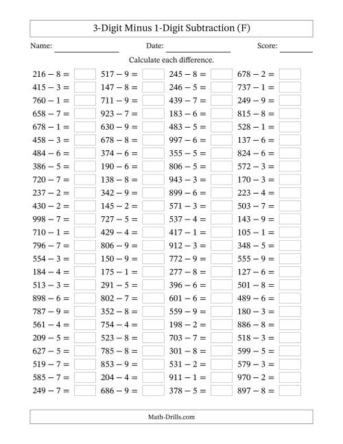 The Horizontally Arranged Three-Digit Minus One-Digit Subtraction(100 Questions) (F) Math Worksheet