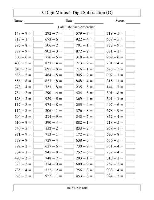The Horizontally Arranged Three-Digit Minus One-Digit Subtraction(100 Questions) (G) Math Worksheet