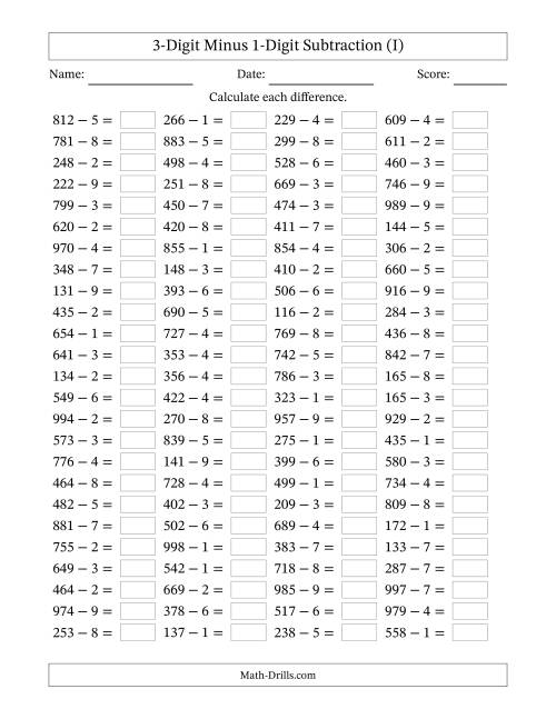 The Horizontally Arranged Three-Digit Minus One-Digit Subtraction(100 Questions) (I) Math Worksheet