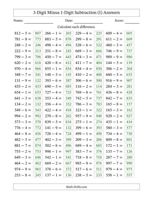 The Horizontally Arranged Three-Digit Minus One-Digit Subtraction(100 Questions) (I) Math Worksheet Page 2