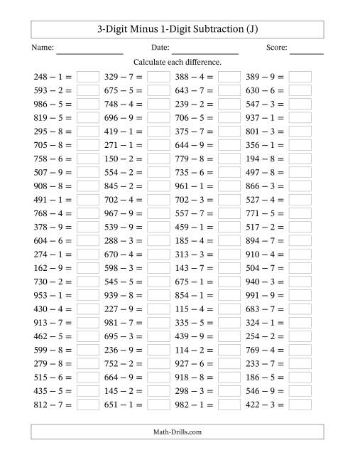 The Horizontally Arranged Three-Digit Minus One-Digit Subtraction(100 Questions) (J) Math Worksheet