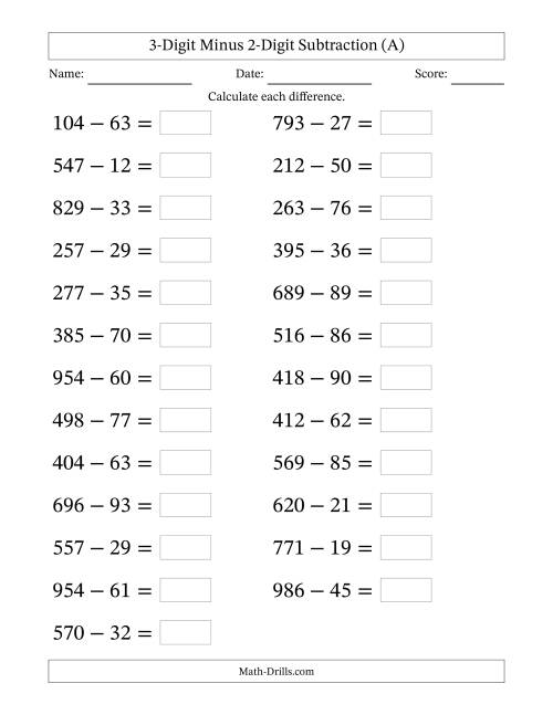 The Horizontally Arranged Three-Digit Minus Two-Digit Subtraction(25 Questions; Large Print) (A) Math Worksheet