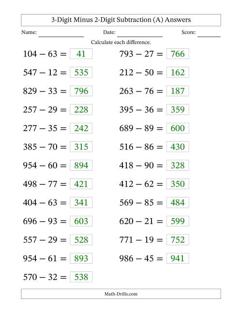 The Horizontally Arranged Three-Digit Minus Two-Digit Subtraction(25 Questions; Large Print) (A) Math Worksheet Page 2