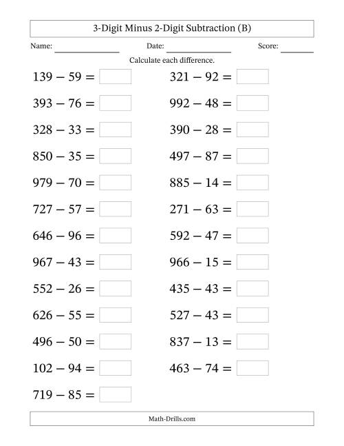 The Horizontally Arranged Three-Digit Minus Two-Digit Subtraction(25 Questions; Large Print) (B) Math Worksheet