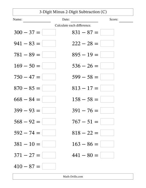 The Horizontally Arranged Three-Digit Minus Two-Digit Subtraction(25 Questions; Large Print) (C) Math Worksheet