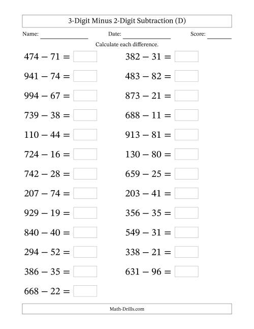The Horizontally Arranged Three-Digit Minus Two-Digit Subtraction(25 Questions; Large Print) (D) Math Worksheet