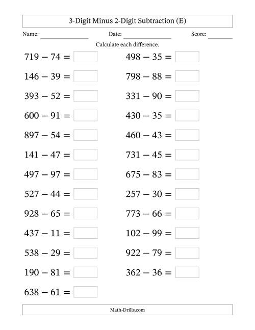 The Horizontally Arranged Three-Digit Minus Two-Digit Subtraction(25 Questions; Large Print) (E) Math Worksheet